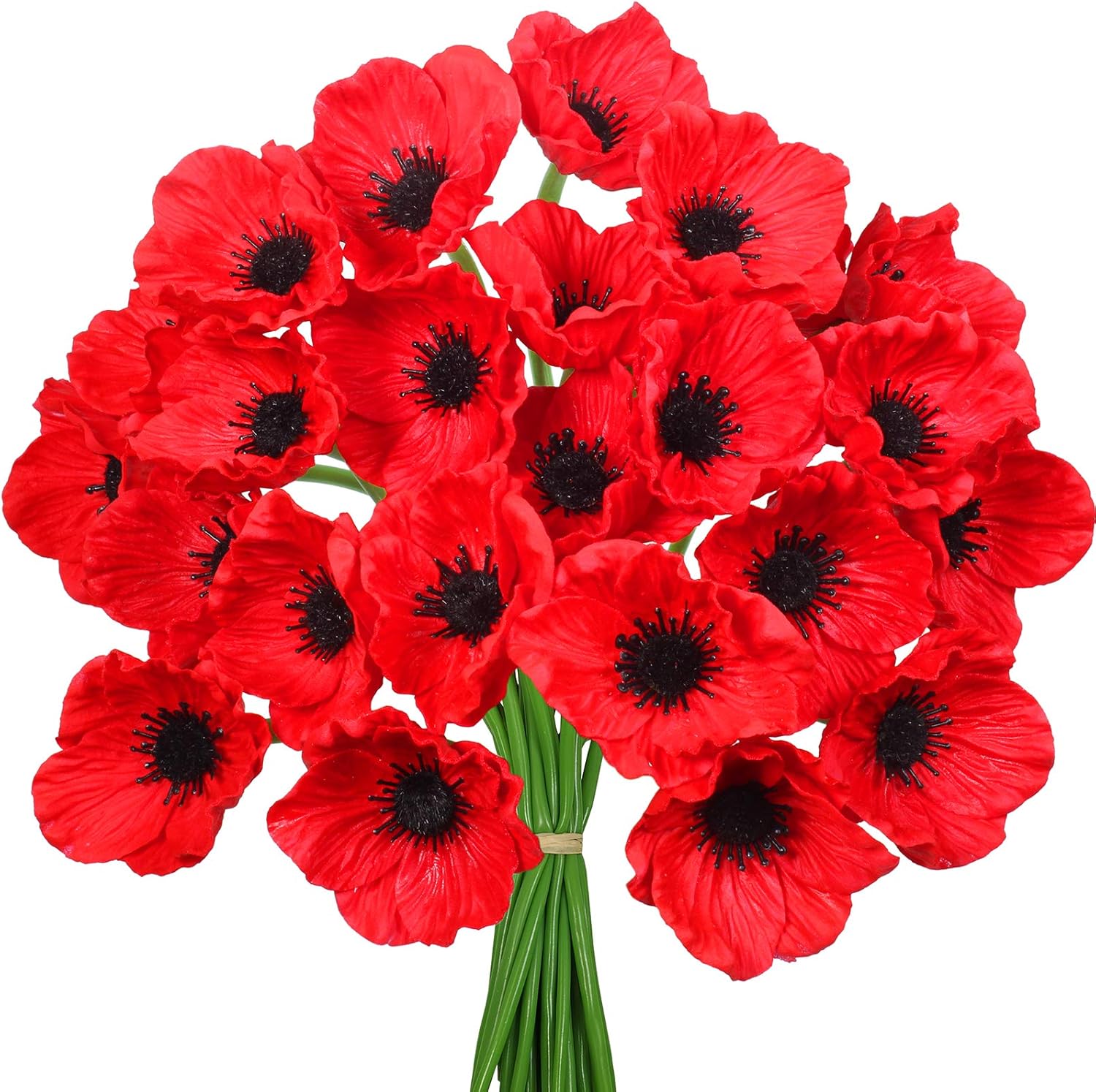24 pcs Artificial Red Flower Stems PU Real Touch Flower Fake Flowers in Red with Black Center 11.6 Tall for Wedding Bouquets Corsages Centerpiece Floral Arrangements